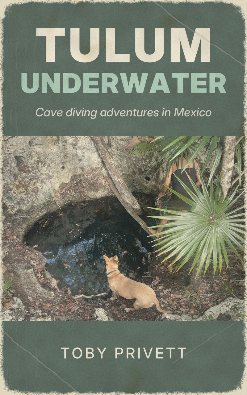 Cover of Tulum Underwater: Cave diving adventures in Mexico, by Toby Privett. A dog looks into a jungle cenote.